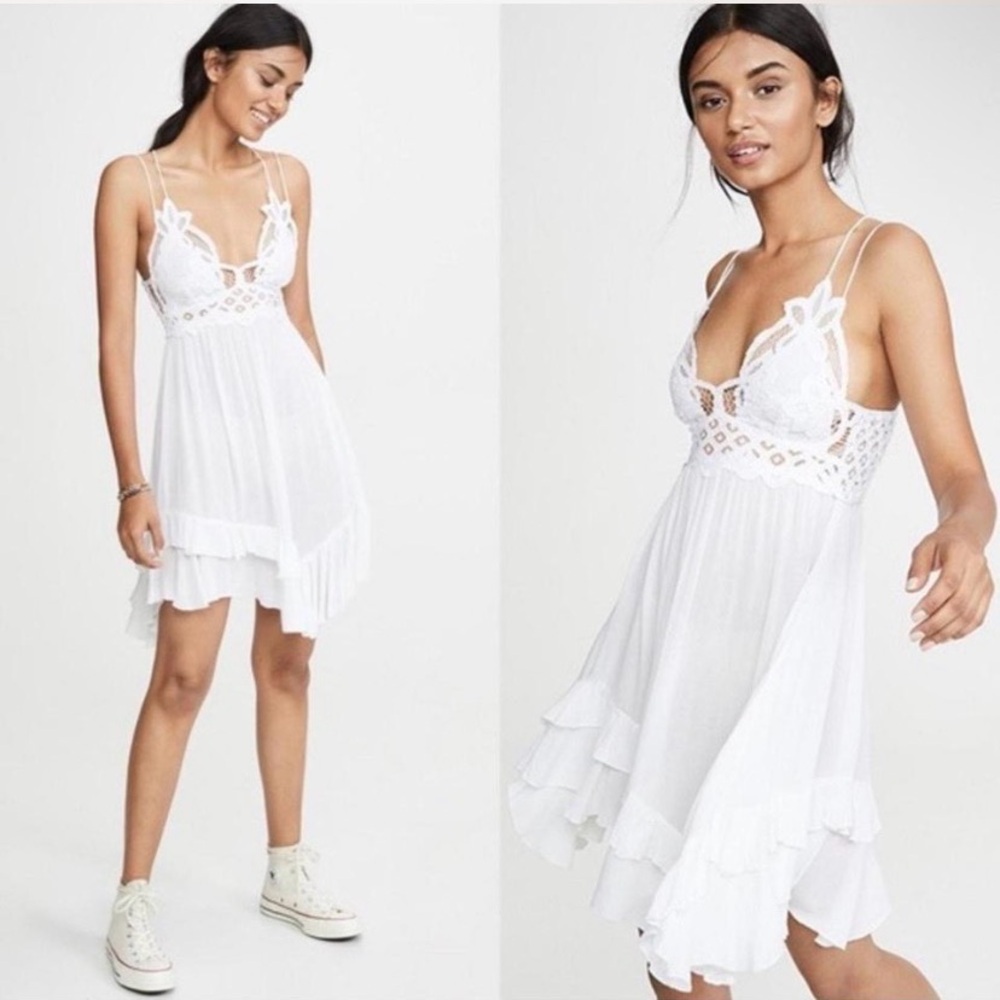 Free People White Lace Mini Dress with asymmetrical hem, size S